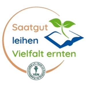 Logo der Aktion Saatgutverleih, ein orangener Kreis mit der Grafik eines geöffneten Buches, aus der ein Keimling sprießt, dem Schriftzug Saatgut leihe, Vielfalt ernetn und dem Logo des VEN, einer dicken Wurzel mit Blättern
